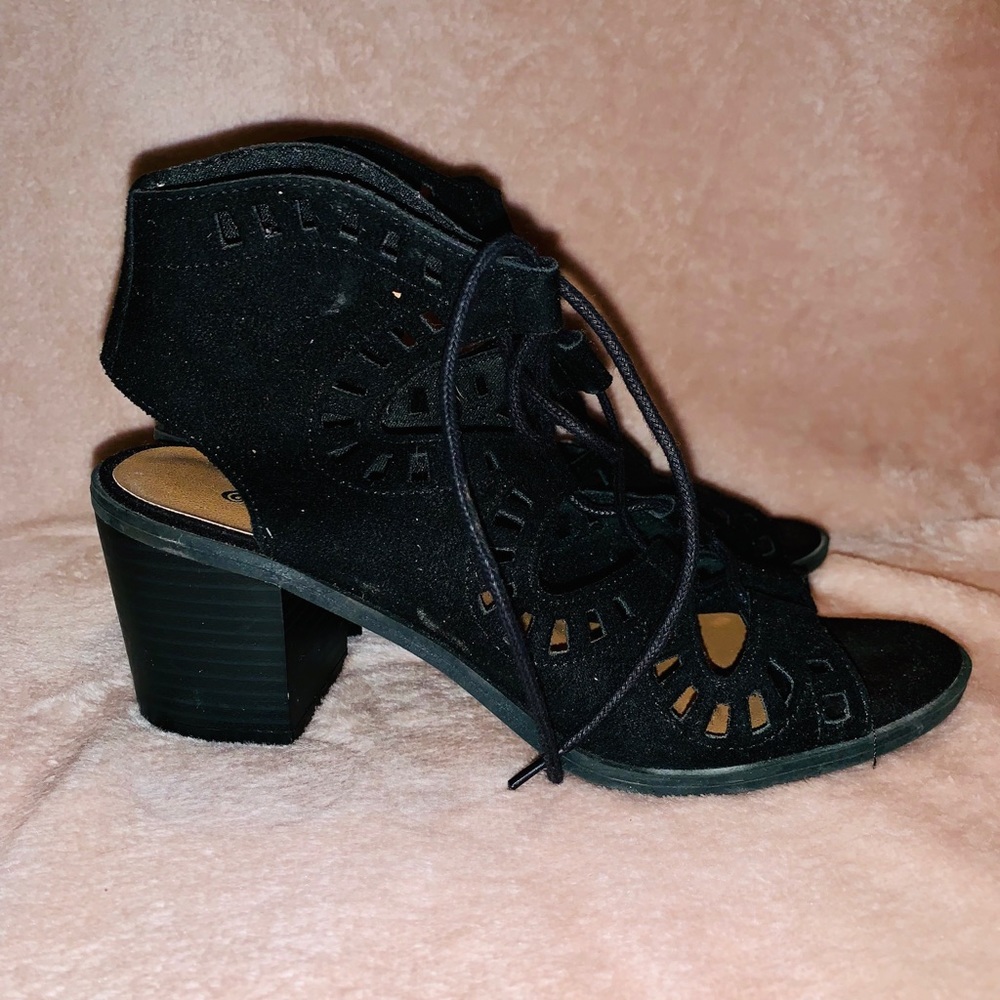 Black Laced Tie up block heel